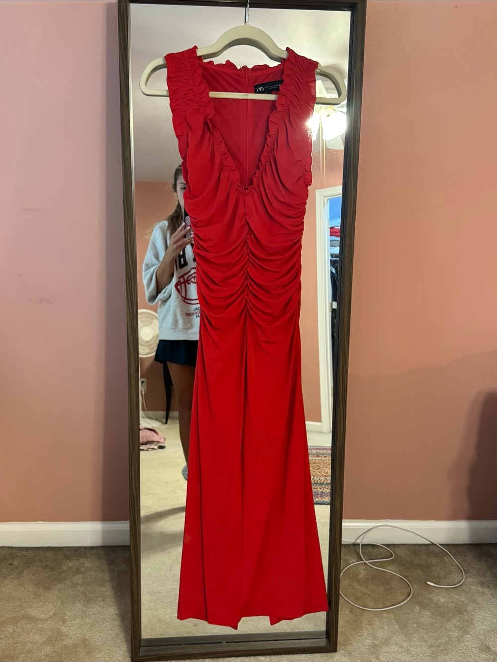 ZARA - Elegant Red Ruched V-Neck Maxi Dress